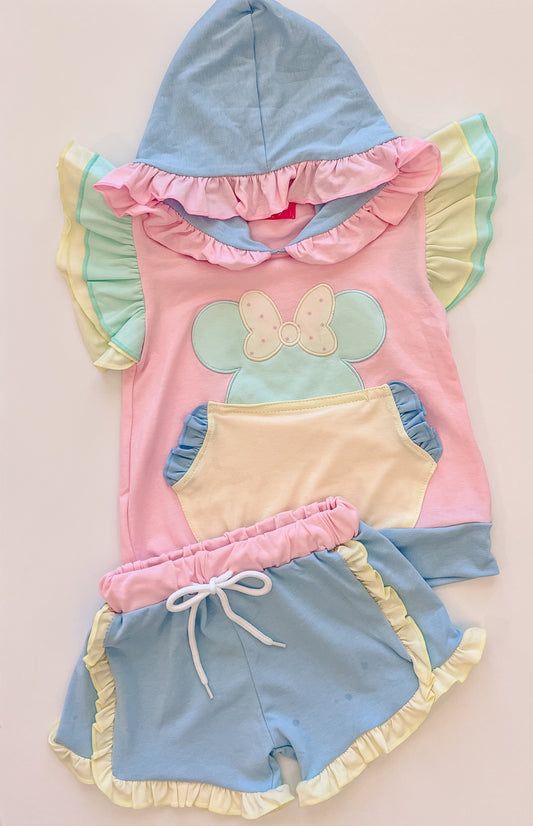 Pastel Colorblock Mouse Collection Summer Hooded Girl Short Set