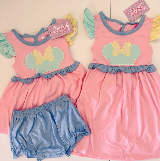 Pastel Colorblock Mouse Collection Girl Dress/Bloomer Set